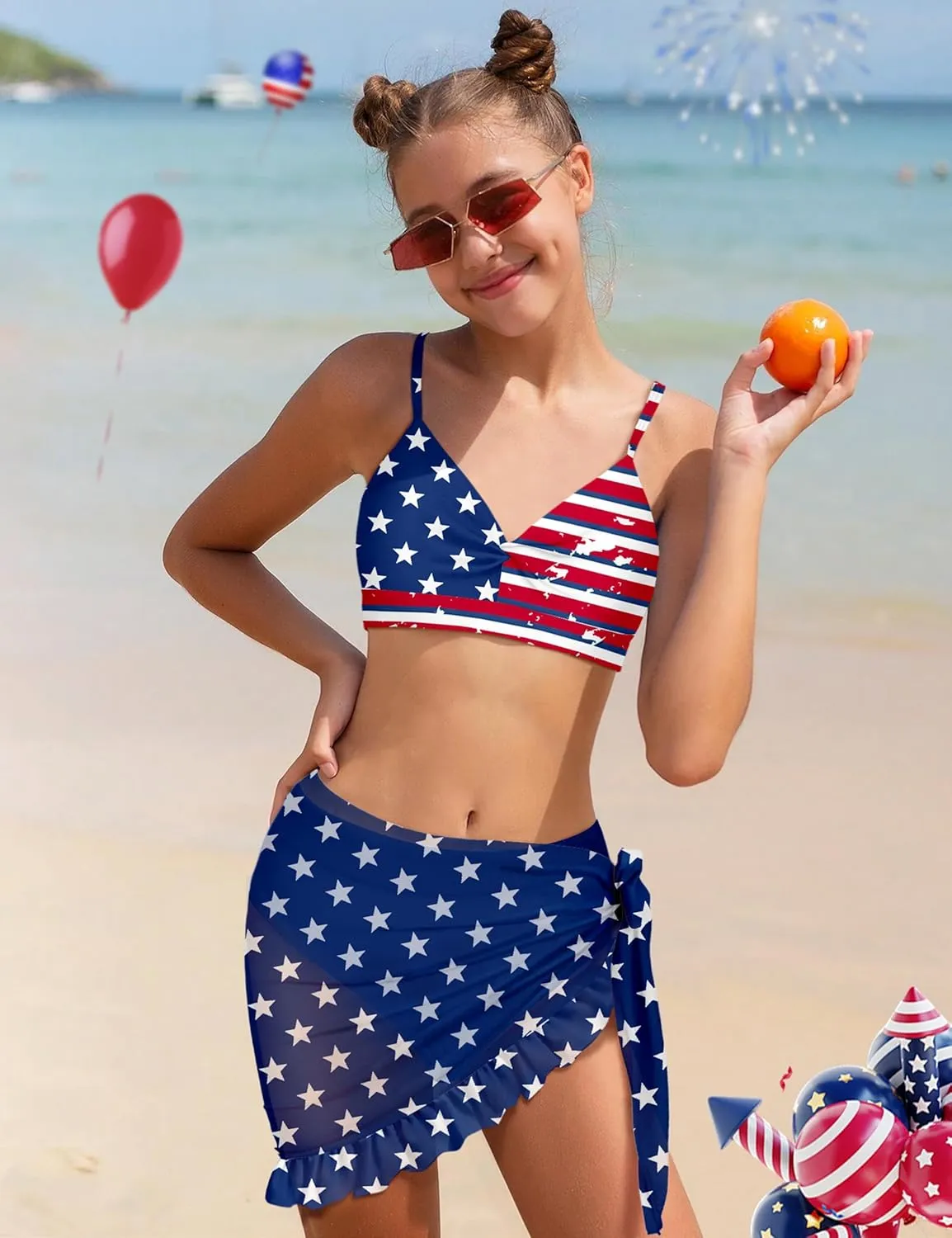 Girls Swimsuit 4 Piece Tropical Print Bikini Set Twist Criss Cross Bathing Suit with Kimono and Cover Up 9-16Y