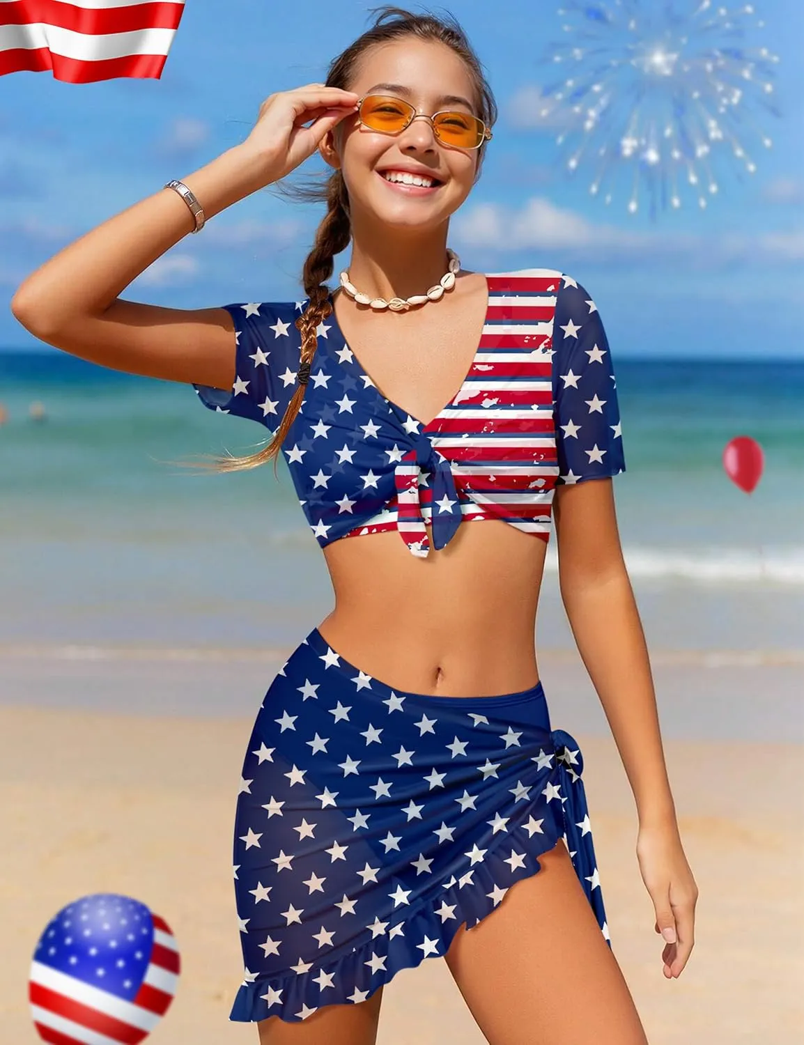Girls Swimsuit 4 Piece Tropical Print Bikini Set Twist Criss Cross Bathing Suit with Kimono and Cover Up 9-16Y