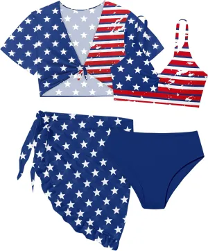 Girls Swimsuit 4 Piece Tropical Print Bikini Set Twist Criss Cross Bathing Suit with Kimono and Cover Up 9-16Y
