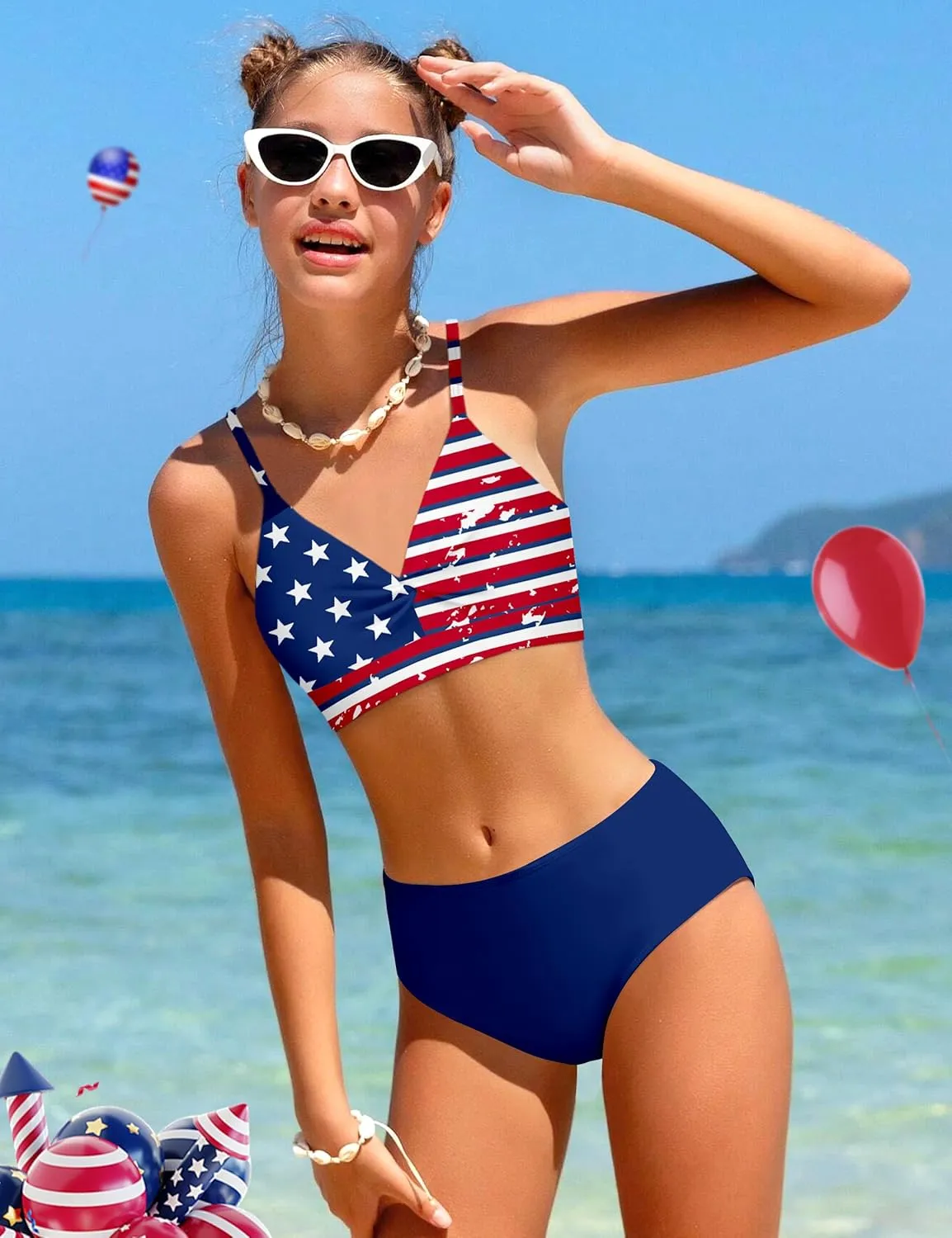 Girls Swimsuit 4 Piece Tropical Print Bikini Set Twist Criss Cross Bathing Suit with Kimono and Cover Up 9-16Y