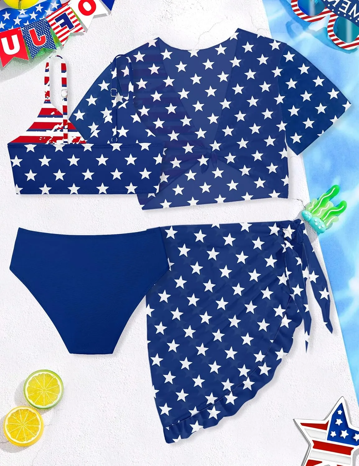 Girls Swimsuit 4 Piece Tropical Print Bikini Set Twist Criss Cross Bathing Suit with Kimono and Cover Up 9-16Y