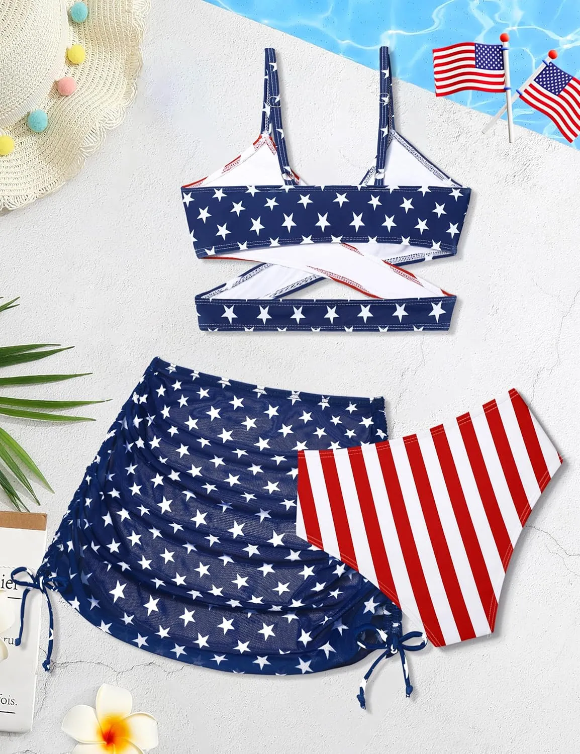 Girls Swimsuits 3 Piece Bathing Suit Allover Printed Criss Cross Bikini Set with Cover Up Skirt Beach Swimwear 7-16 Years