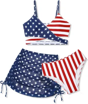 Girls Swimsuits 3 Piece Bathing Suit Allover Printed Criss Cross Bikini Set with Cover Up Skirt Beach Swimwear 7-16 Years
