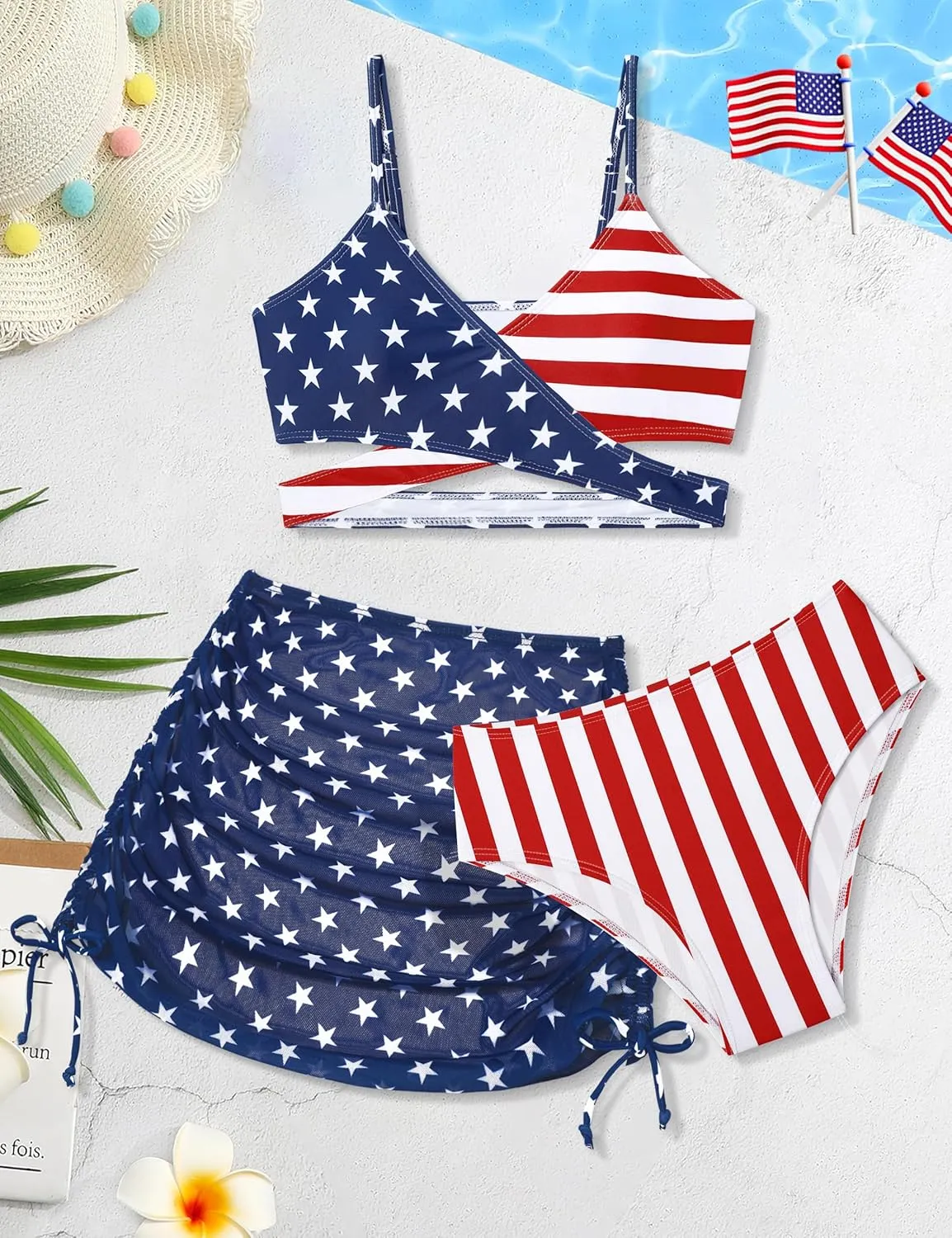 Girls Swimsuits 3 Piece Bathing Suit Allover Printed Criss Cross Bikini Set with Cover Up Skirt Beach Swimwear 7-16 Years