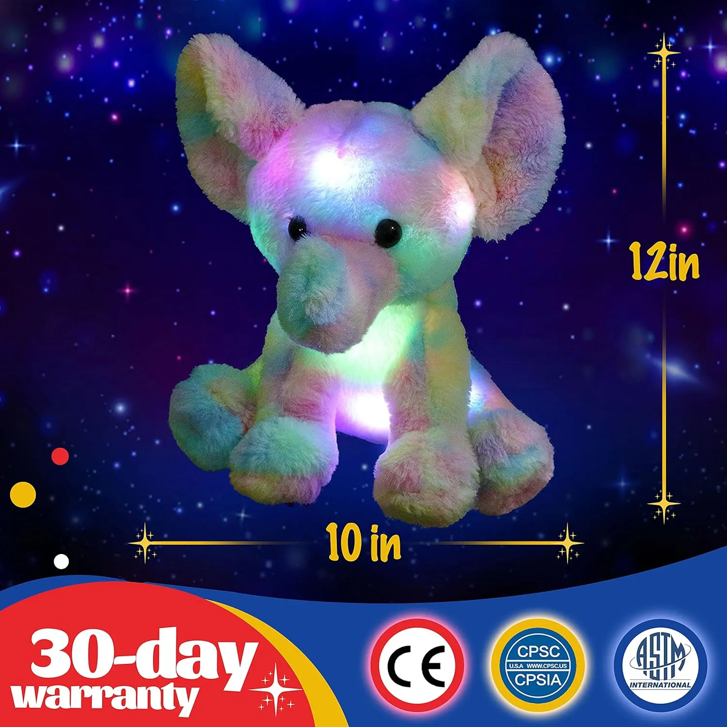 Glow Guards Light up Rainbow Elephant Stuffed Animal,Soft Glowing LED Wildlife Animal Plush Toy with Night Lights &Lullaby,Ideal Gift Birthday Children's Day for Toddler Kids,12''