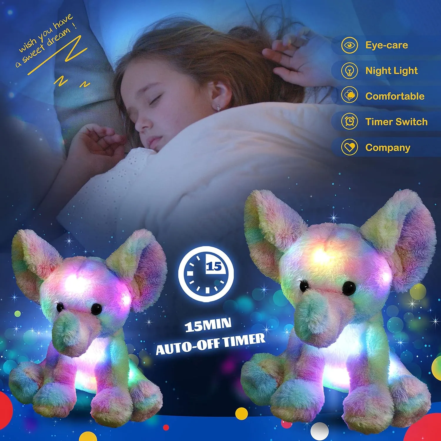 Glow Guards Light up Rainbow Elephant Stuffed Animal,Soft Glowing LED Wildlife Animal Plush Toy with Night Lights &Lullaby,Ideal Gift Birthday Children's Day for Toddler Kids,12''