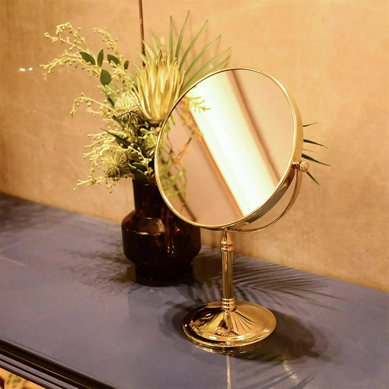 Gold Tabletop Makeup Mirror, 360°Swivel Double Side Beauty Cosmetic Mirror, Magnification Shaving Mirror for Table, HD Standing Vanity Mirror for Beauty Salon,8inch,5X