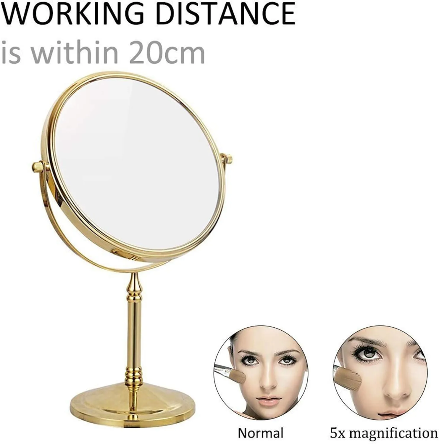Gold Tabletop Makeup Mirror, 360°Swivel Double Side Beauty Cosmetic Mirror, Magnification Shaving Mirror for Table, HD Standing Vanity Mirror for Beauty Salon,8inch,5X