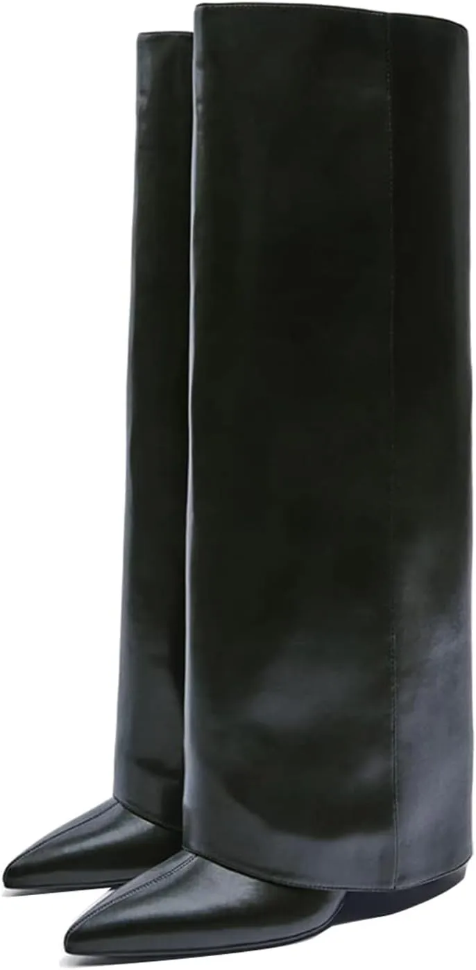 Goolita Women's Stiletto Heel Knee High Boots Pointed Toe Slip On Fold Over Boots For Women Sewing Leather Comfy Dress Boots