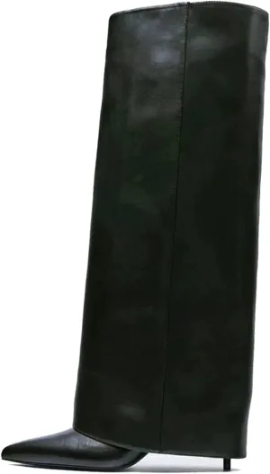 Goolita Women's Stiletto Heel Knee High Boots Pointed Toe Slip On Fold Over Boots For Women Sewing Leather Comfy Dress Boots