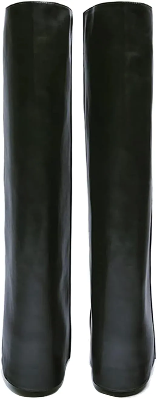 Goolita Women's Stiletto Heel Knee High Boots Pointed Toe Slip On Fold Over Boots For Women Sewing Leather Comfy Dress Boots