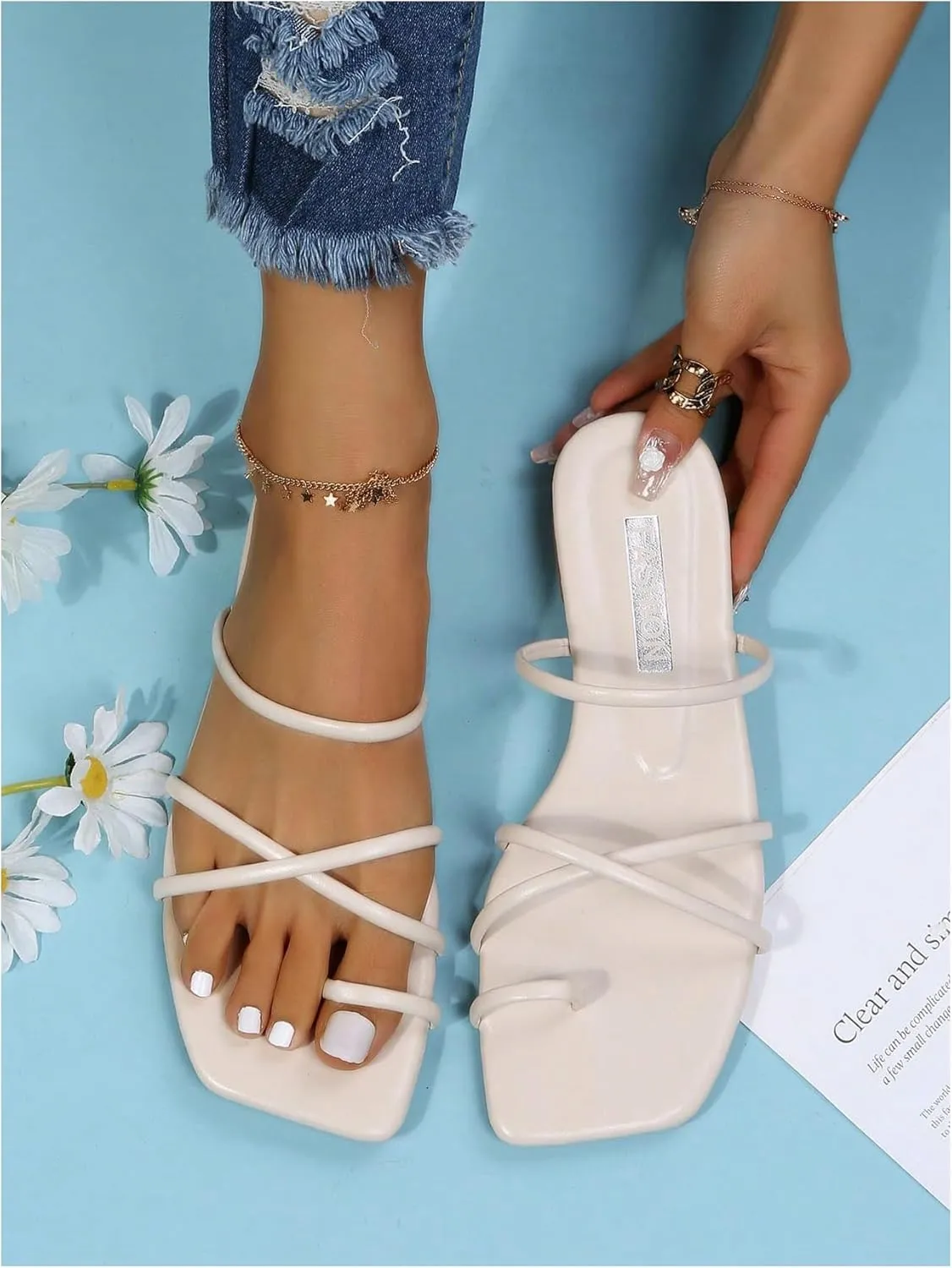 GORGLITTER Women's Criss Cross Strap Flat Sandals Ring Toe Thong Flip Flop