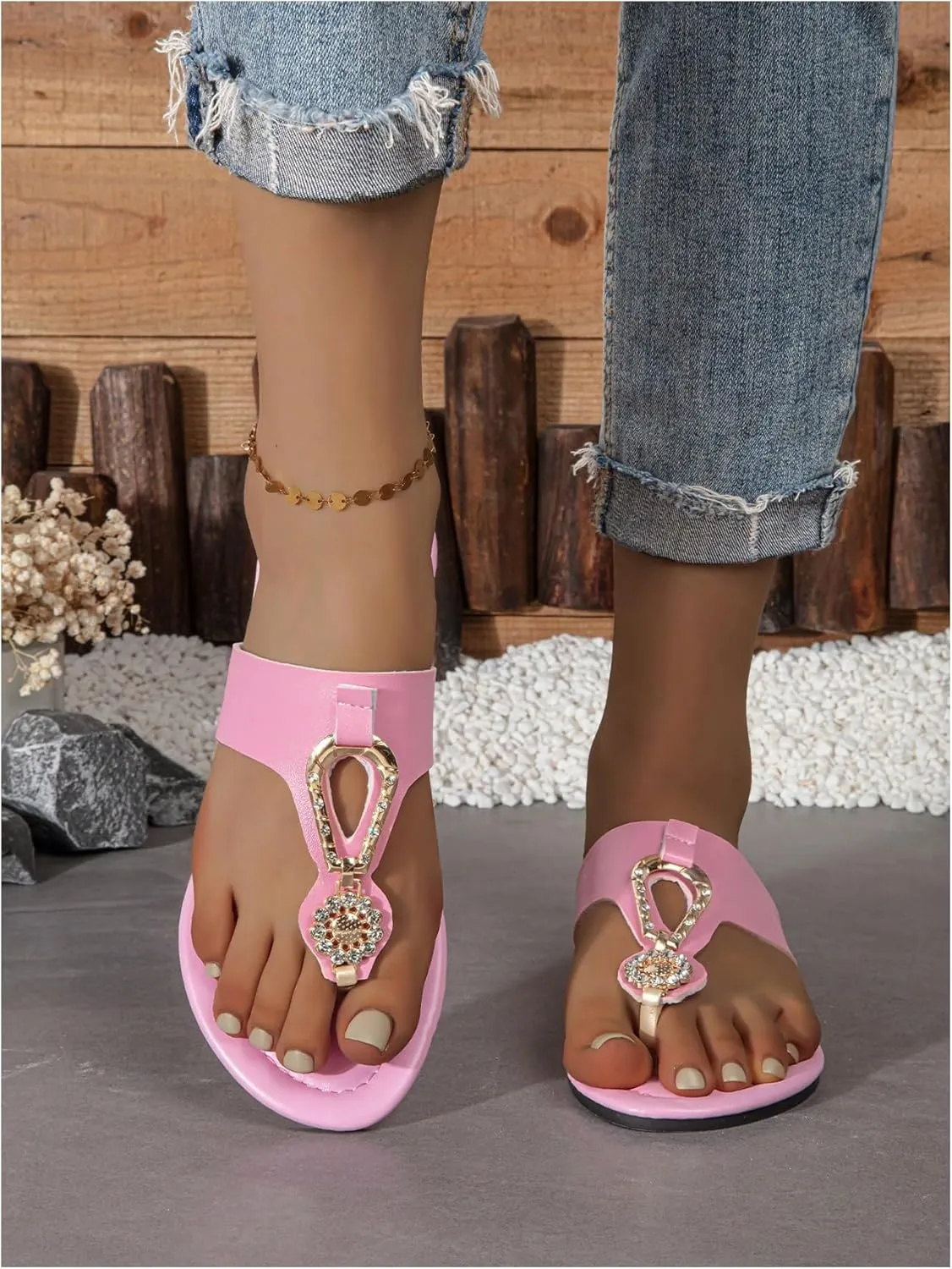 GORGLITTER Women's Metallic Sparkly Thong Slide Sandals Open Toe Slip On Flip Flops Slides