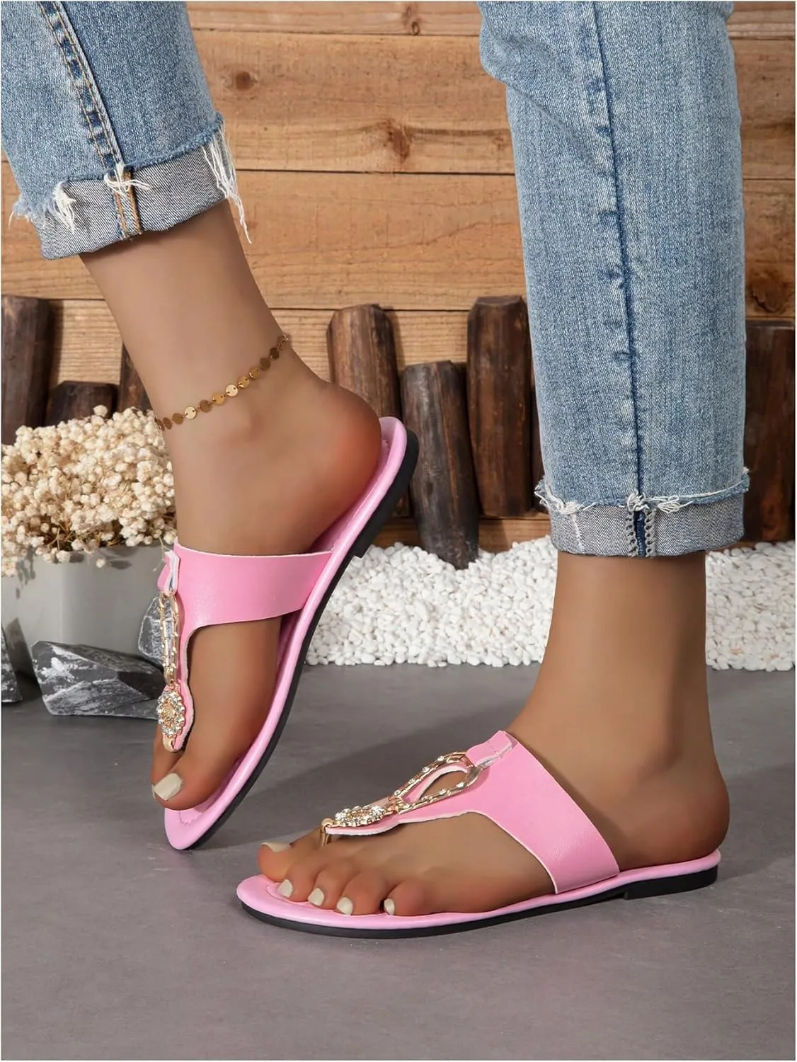 GORGLITTER Women's Metallic Sparkly Thong Slide Sandals Open Toe Slip On Flip Flops Slides