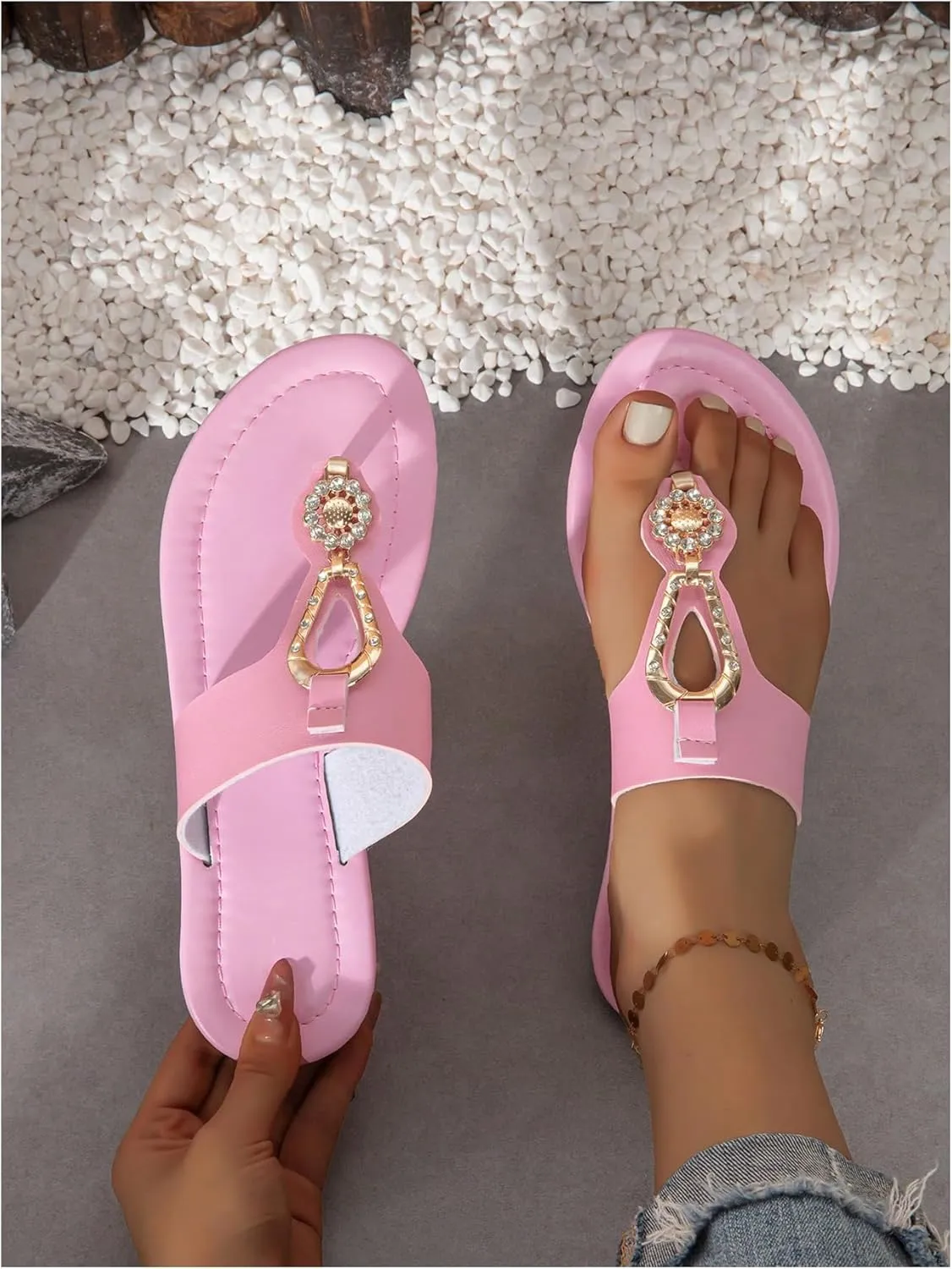 GORGLITTER Women's Metallic Sparkly Thong Slide Sandals Open Toe Slip On Flip Flops Slides