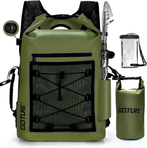 Goture Dry Bag Waterproof Backpack,20L 2L Fishing Tackle Bag with Rod Holder,Padded Shoulder Straps and Air Exhaust Valve,500D PVC Dry Sack Bag with Phone Case for Kayaking,Boating,Fishing,Travel