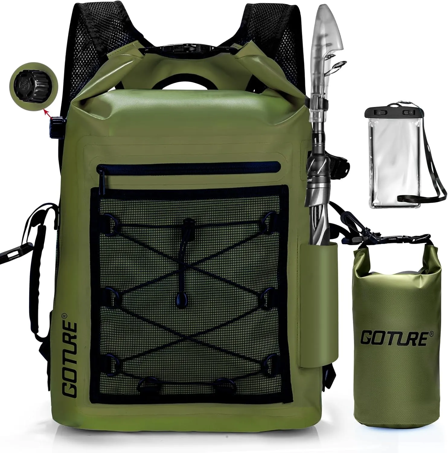 Goture Dry Bag Waterproof Backpack,20L 2L Fishing Tackle Bag with Rod Holder,Padded Shoulder Straps and Air Exhaust Valve,500D PVC Dry Sack Bag with Phone Case for Kayaking,Boating,Fishing,Travel
