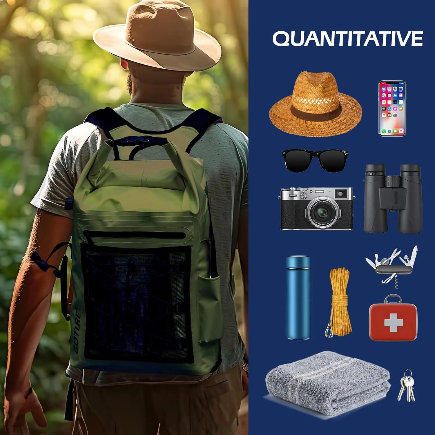 Goture Dry Bag Waterproof Backpack,20L 2L Fishing Tackle Bag with Rod Holder,Padded Shoulder Straps and Air Exhaust Valve,500D PVC Dry Sack Bag with Phone Case for Kayaking,Boating,Fishing,Travel