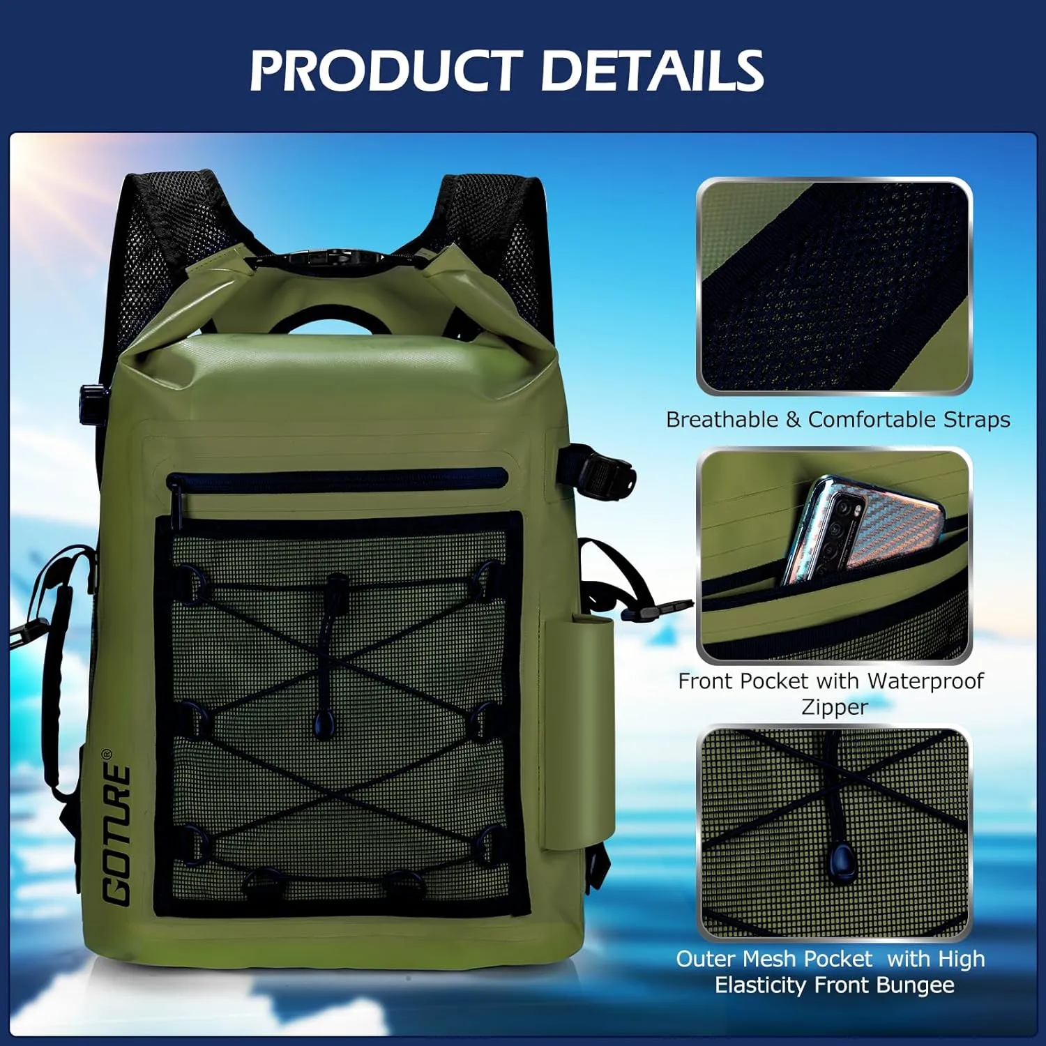 Goture Dry Bag Waterproof Backpack,20L 2L Fishing Tackle Bag with Rod Holder,Padded Shoulder Straps and Air Exhaust Valve,500D PVC Dry Sack Bag with Phone Case for Kayaking,Boating,Fishing,Travel