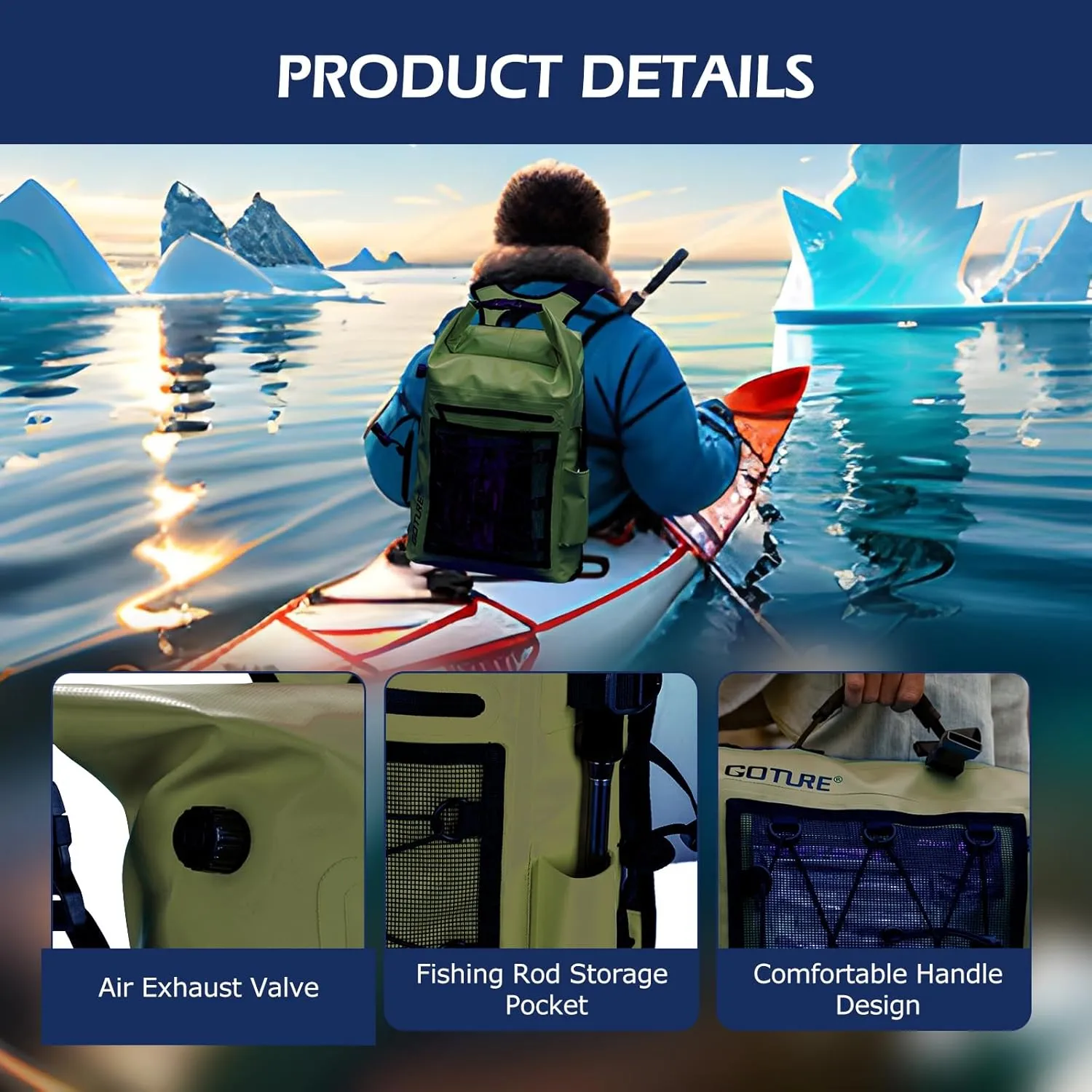 Goture Dry Bag Waterproof Backpack,20L 2L Fishing Tackle Bag with Rod Holder,Padded Shoulder Straps and Air Exhaust Valve,500D PVC Dry Sack Bag with Phone Case for Kayaking,Boating,Fishing,Travel
