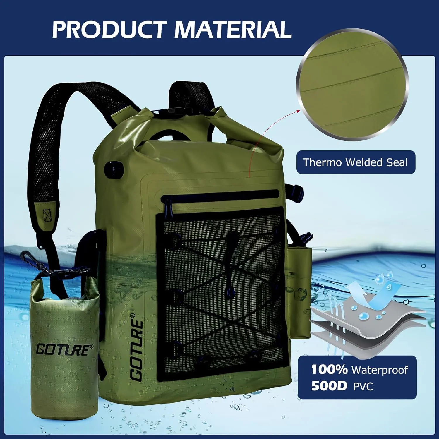 Goture Dry Bag Waterproof Backpack,20L 2L Fishing Tackle Bag with Rod Holder,Padded Shoulder Straps and Air Exhaust Valve,500D PVC Dry Sack Bag with Phone Case for Kayaking,Boating,Fishing,Travel