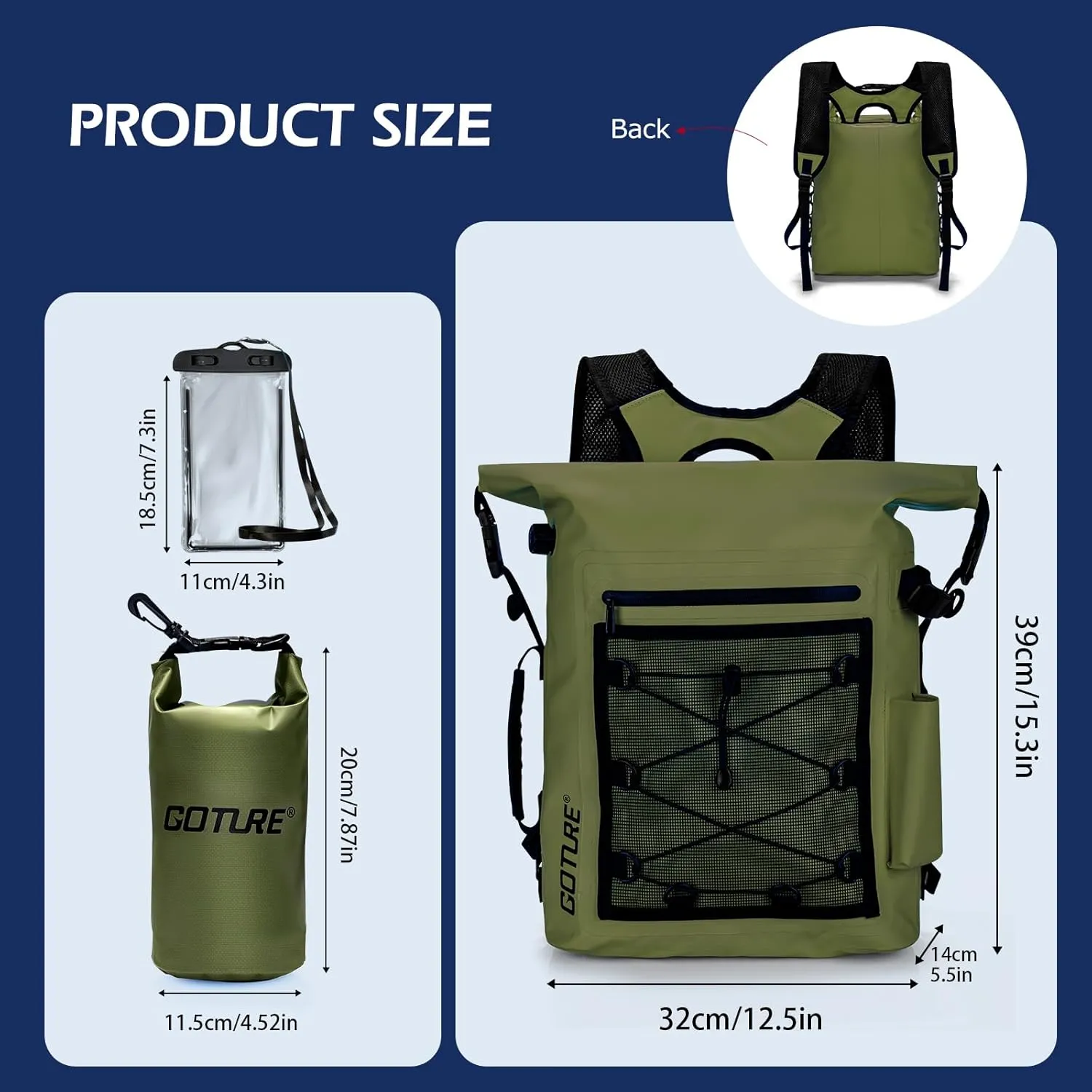 Goture Dry Bag Waterproof Backpack,20L 2L Fishing Tackle Bag with Rod Holder,Padded Shoulder Straps and Air Exhaust Valve,500D PVC Dry Sack Bag with Phone Case for Kayaking,Boating,Fishing,Travel