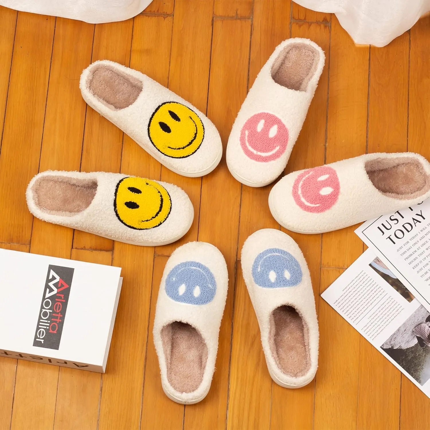 Happy Face Slippers Retro Cozy Comfy Plush Warm Slip-on Slippers Winter Soft Fuzzy Indoor House Shoes with Memory Foam for Men Women…