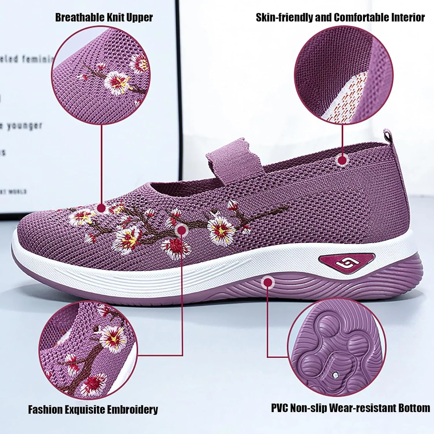 Helenbra Women's Flower Embroidered Slip On Knitting Flat Loafers,Mary Jane Breathable Elastic Mesh Comfy Platform Non Slip Memory Foam Mom Walking Nurse Shoes Casual Walking Sneakers