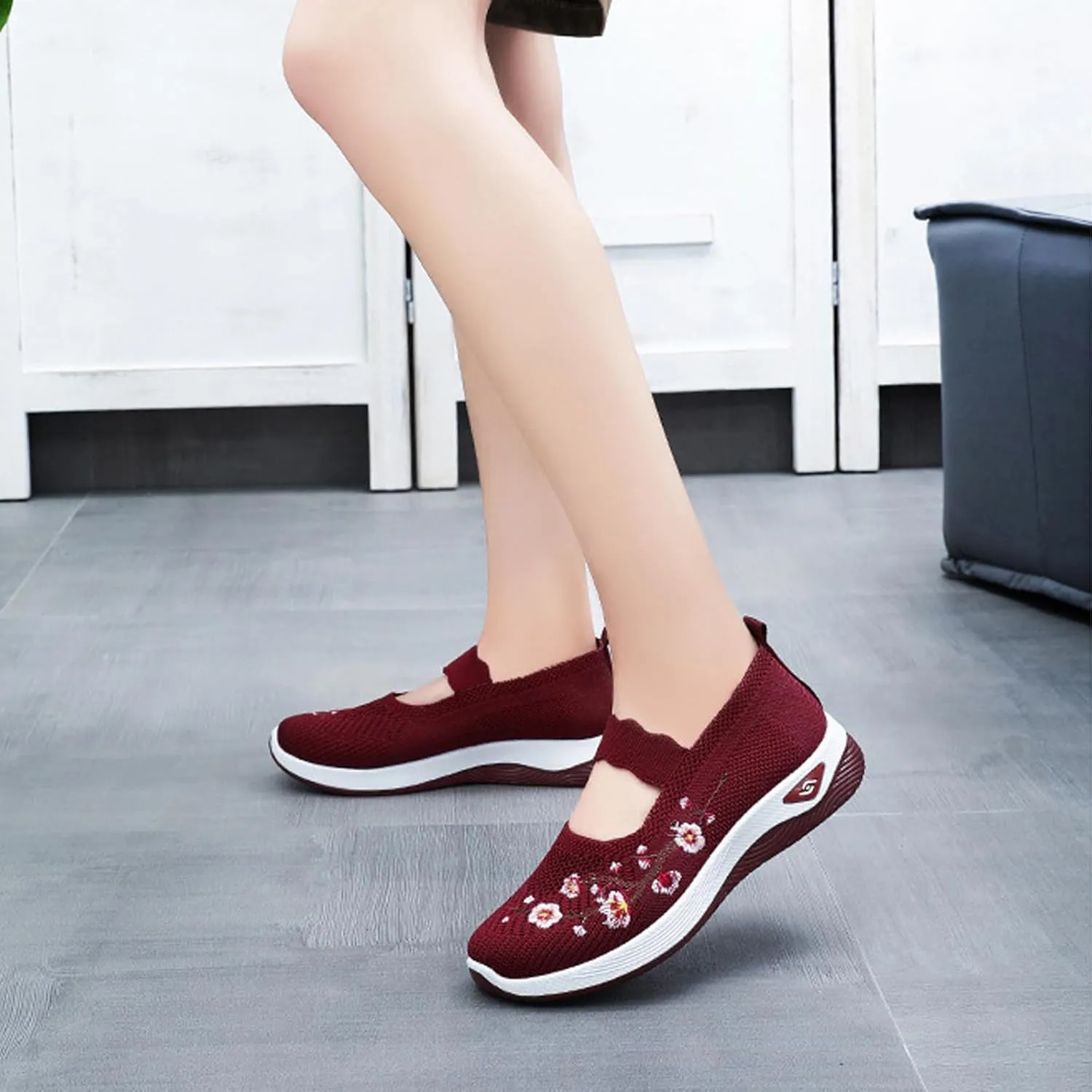 Helenbra Women's Flower Embroidered Slip On Knitting Flat Loafers,Mary Jane Breathable Elastic Mesh Comfy Platform Non Slip Memory Foam Mom Walking Nurse Shoes Casual Walking Sneakers