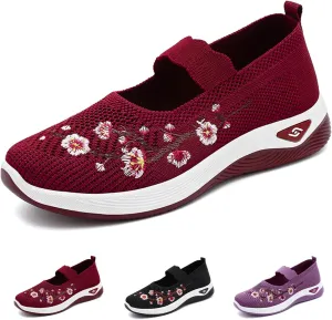 Helenbra Women's Flower Embroidered Slip On Knitting Flat Loafers,Mary Jane Breathable Elastic Mesh Comfy Platform Non Slip Memory Foam Mom Walking Nurse Shoes Casual Walking Sneakers