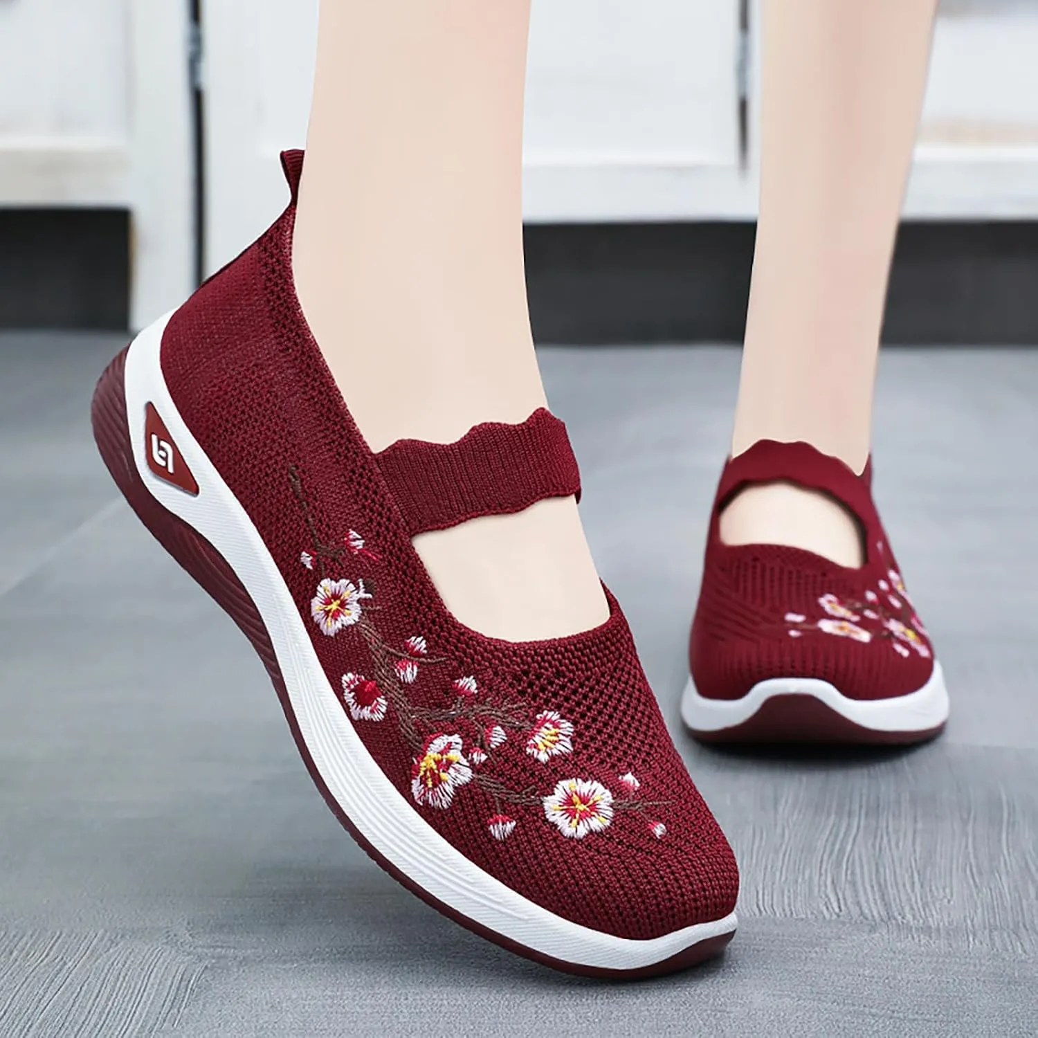Helenbra Women's Flower Embroidered Slip On Knitting Flat Loafers,Mary Jane Breathable Elastic Mesh Comfy Platform Non Slip Memory Foam Mom Walking Nurse Shoes Casual Walking Sneakers