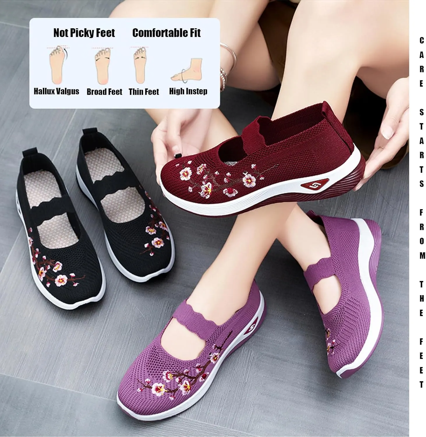 Helenbra Women's Flower Embroidered Slip On Knitting Flat Loafers,Mary Jane Breathable Elastic Mesh Comfy Platform Non Slip Memory Foam Mom Walking Nurse Shoes Casual Walking Sneakers