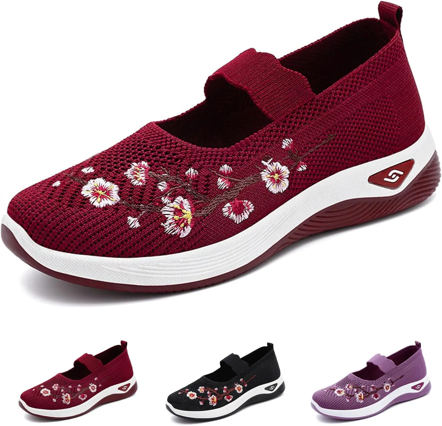 Helenbra Women's Flower Embroidered Slip On Knitting Flat Loafers,Mary Jane Breathable Elastic Mesh Comfy Platform Non Slip Memory Foam Mom Walking Nurse Shoes Casual Walking Sneakers