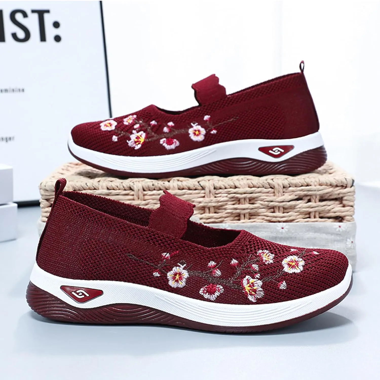 Helenbra Women's Flower Embroidered Slip On Knitting Flat Loafers,Mary Jane Breathable Elastic Mesh Comfy Platform Non Slip Memory Foam Mom Walking Nurse Shoes Casual Walking Sneakers