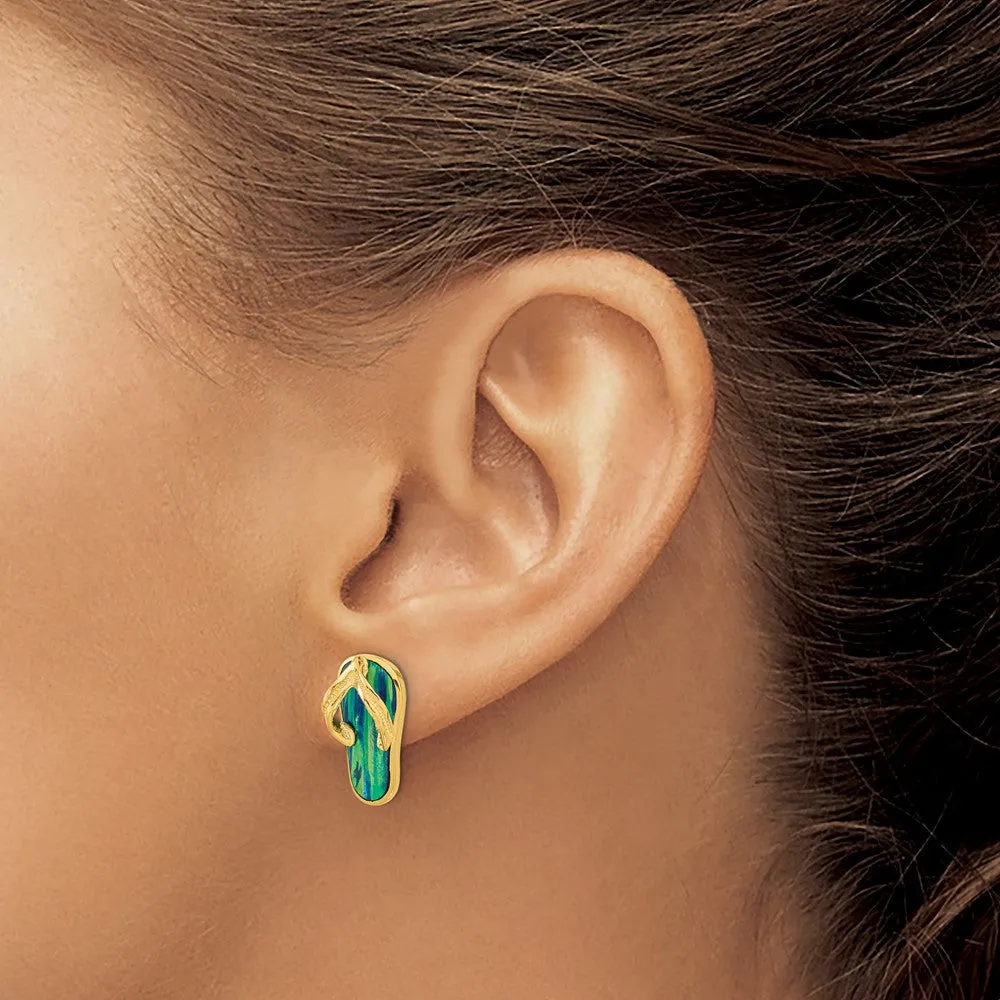 High-Quality 14K Gold Flip Flop Post Earrings with Created Blue Opal - Stylish Value
