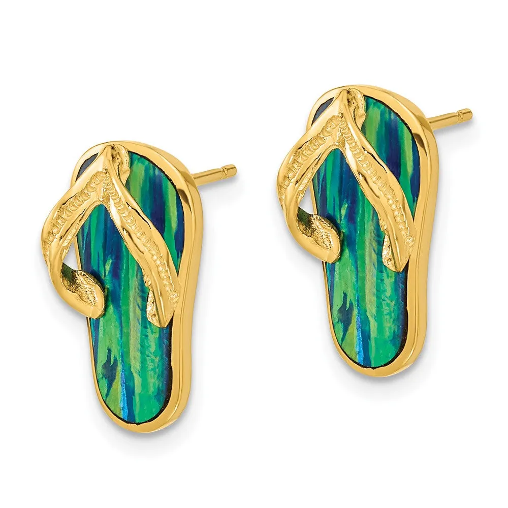 High-Quality 14K Gold Flip Flop Post Earrings with Created Blue Opal - Stylish Value