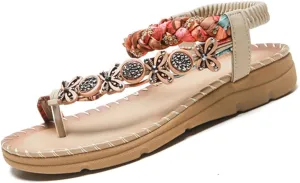HNGHOU Women's Summer Sandals Casual Comfortable Bohemia Beach Flat Sandals Open Toe Ankle Crystal Gladiator Shoes