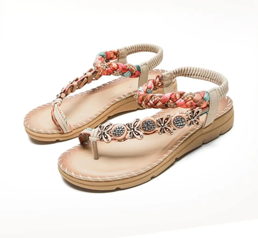HNGHOU Women's Summer Sandals Casual Comfortable Bohemia Beach Flat Sandals Open Toe Ankle Crystal Gladiator Shoes