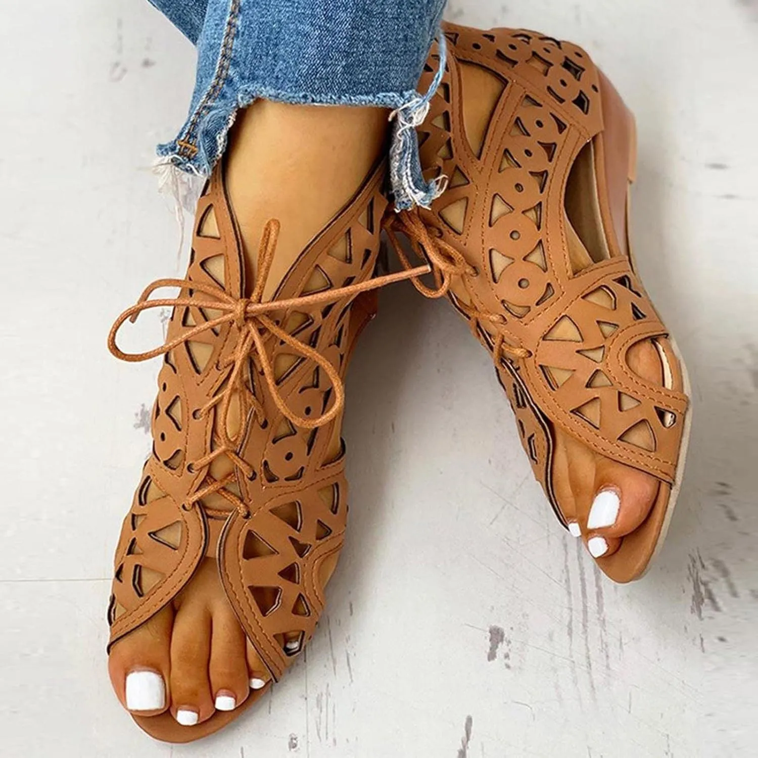 Hollow Sandals for Women Wedge Summer Casual Cross Straps Lace Up Fish Mouth Open Toe Back Zipper Flat Sandals Lightweight Comfy Outdoor Shoes