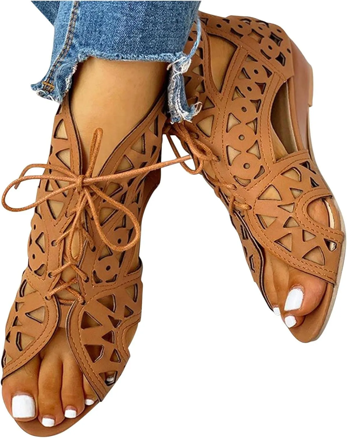 Hollow Sandals for Women Wedge Summer Casual Cross Straps Lace Up Fish Mouth Open Toe Back Zipper Flat Sandals Lightweight Comfy Outdoor Shoes