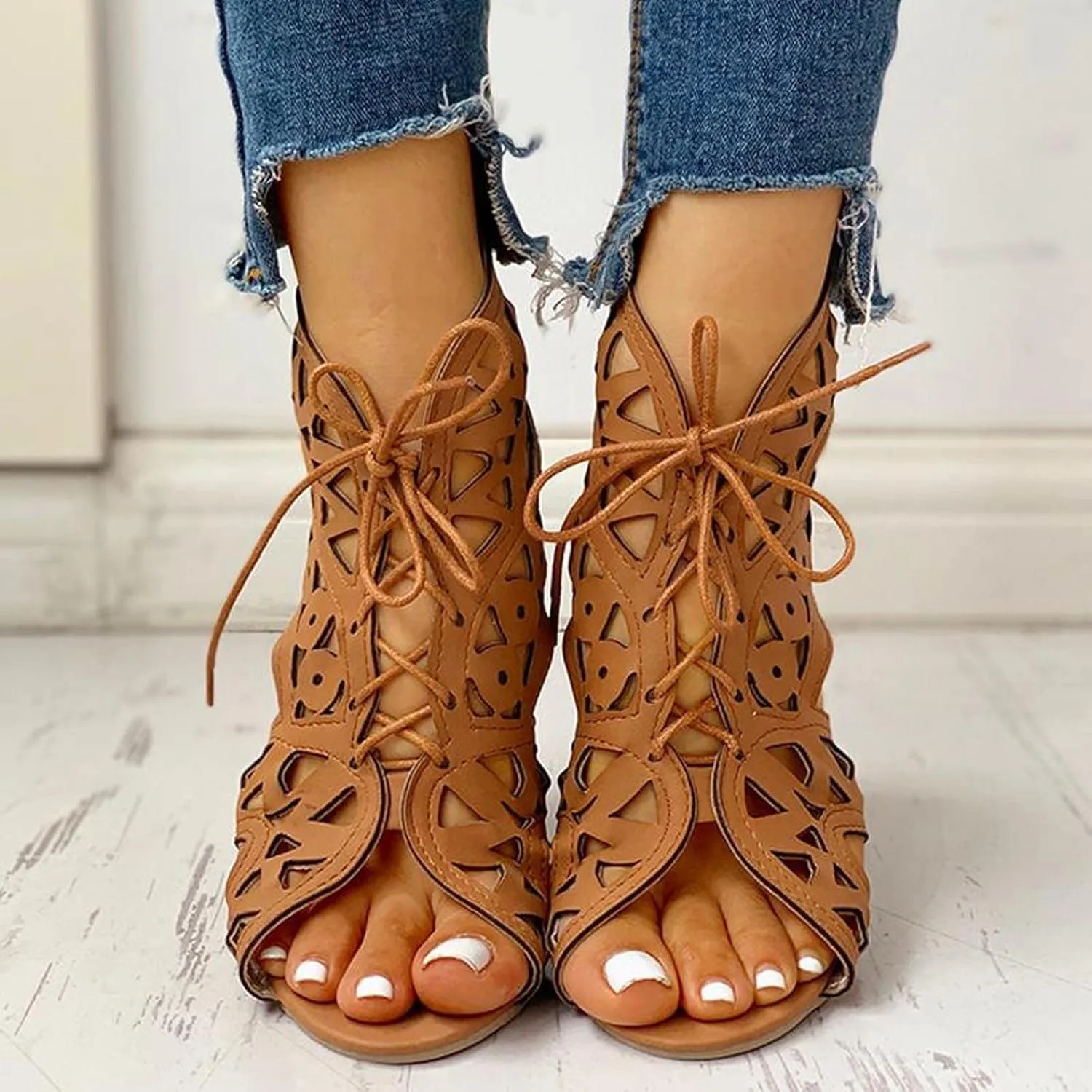 Hollow Sandals for Women Wedge Summer Casual Cross Straps Lace Up Fish Mouth Open Toe Back Zipper Flat Sandals Lightweight Comfy Outdoor Shoes
