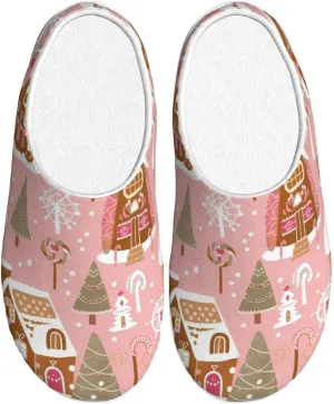 House Slippers for Woman Men Christmas Gingerbread Village Tree Pattern Comfy Flannel Women's Slippers Non Slip Home Slippers Shoes