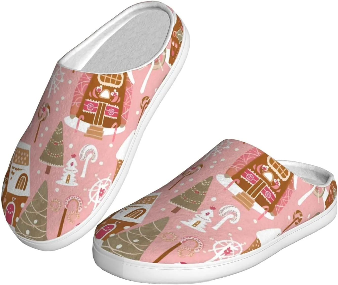 House Slippers for Woman Men Christmas Gingerbread Village Tree Pattern Comfy Flannel Women's Slippers Non Slip Home Slippers Shoes