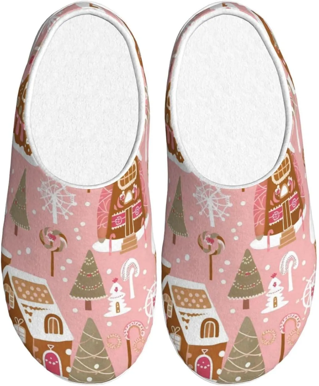 House Slippers for Woman Men Christmas Gingerbread Village Tree Pattern Comfy Flannel Women's Slippers Non Slip Home Slippers Shoes