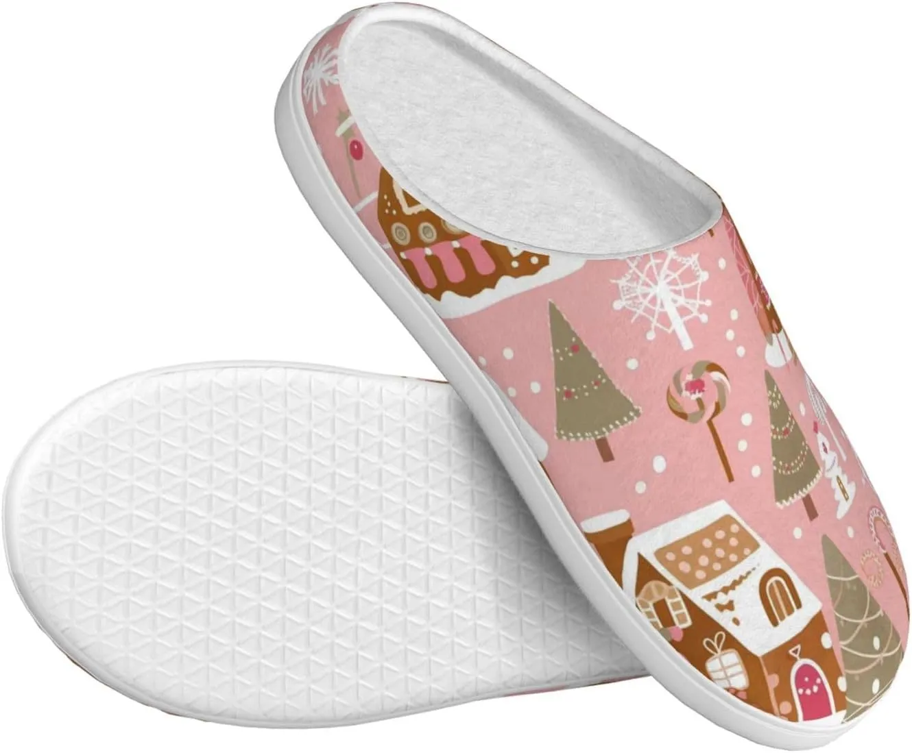 House Slippers for Woman Men Christmas Gingerbread Village Tree Pattern Comfy Flannel Women's Slippers Non Slip Home Slippers Shoes
