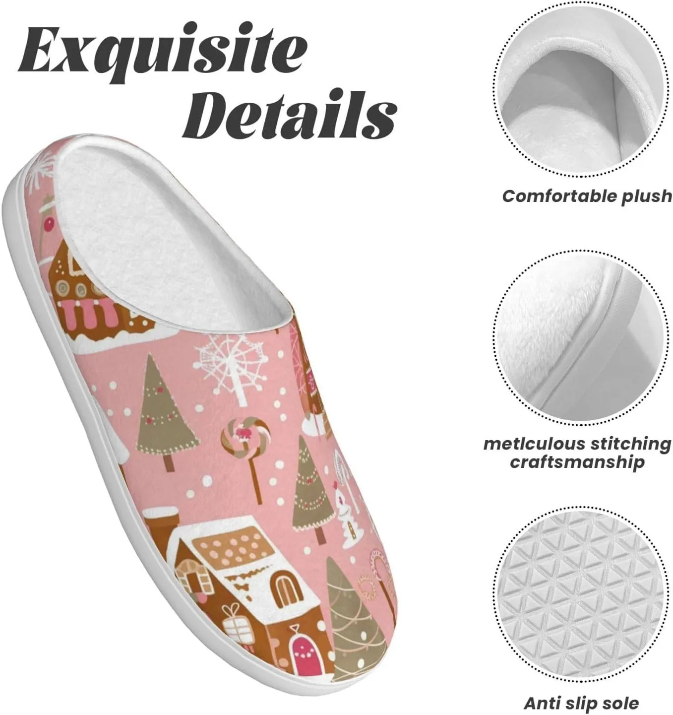 House Slippers for Woman Men Christmas Gingerbread Village Tree Pattern Comfy Flannel Women's Slippers Non Slip Home Slippers Shoes