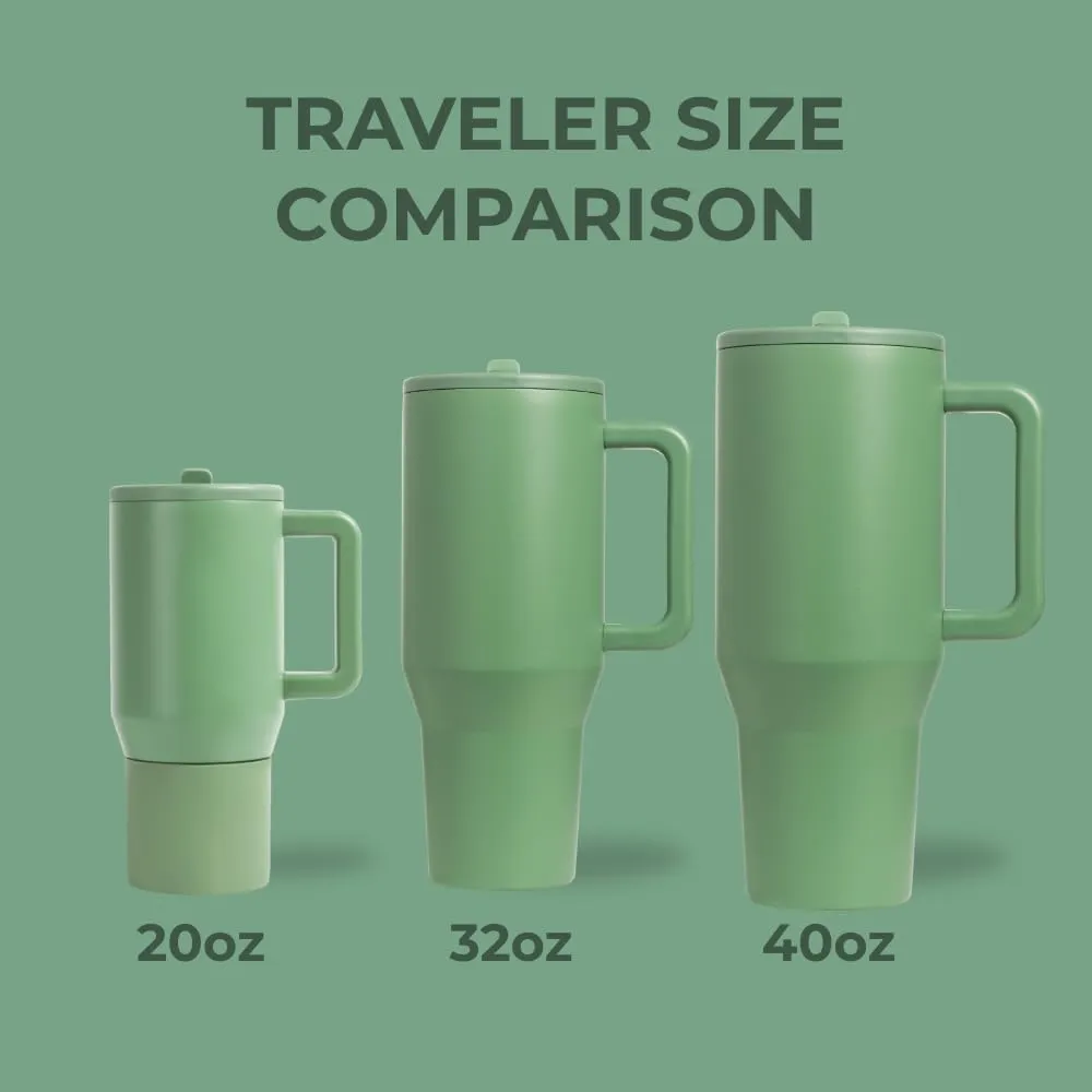 HydroJug Traveler - 32 oz Water Bottle with Handle & Flip Straw - Fits in Cup Holder, Leak Resistant Tumbler-Reusable Insulated Stainless Steel & Rubber Base - Gifts for Women & Men, Sage