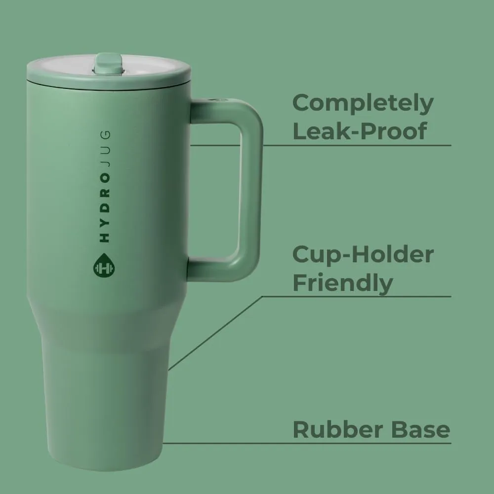 HydroJug Traveler - 32 oz Water Bottle with Handle & Flip Straw - Fits in Cup Holder, Leak Resistant Tumbler-Reusable Insulated Stainless Steel & Rubber Base - Gifts for Women & Men, Sage