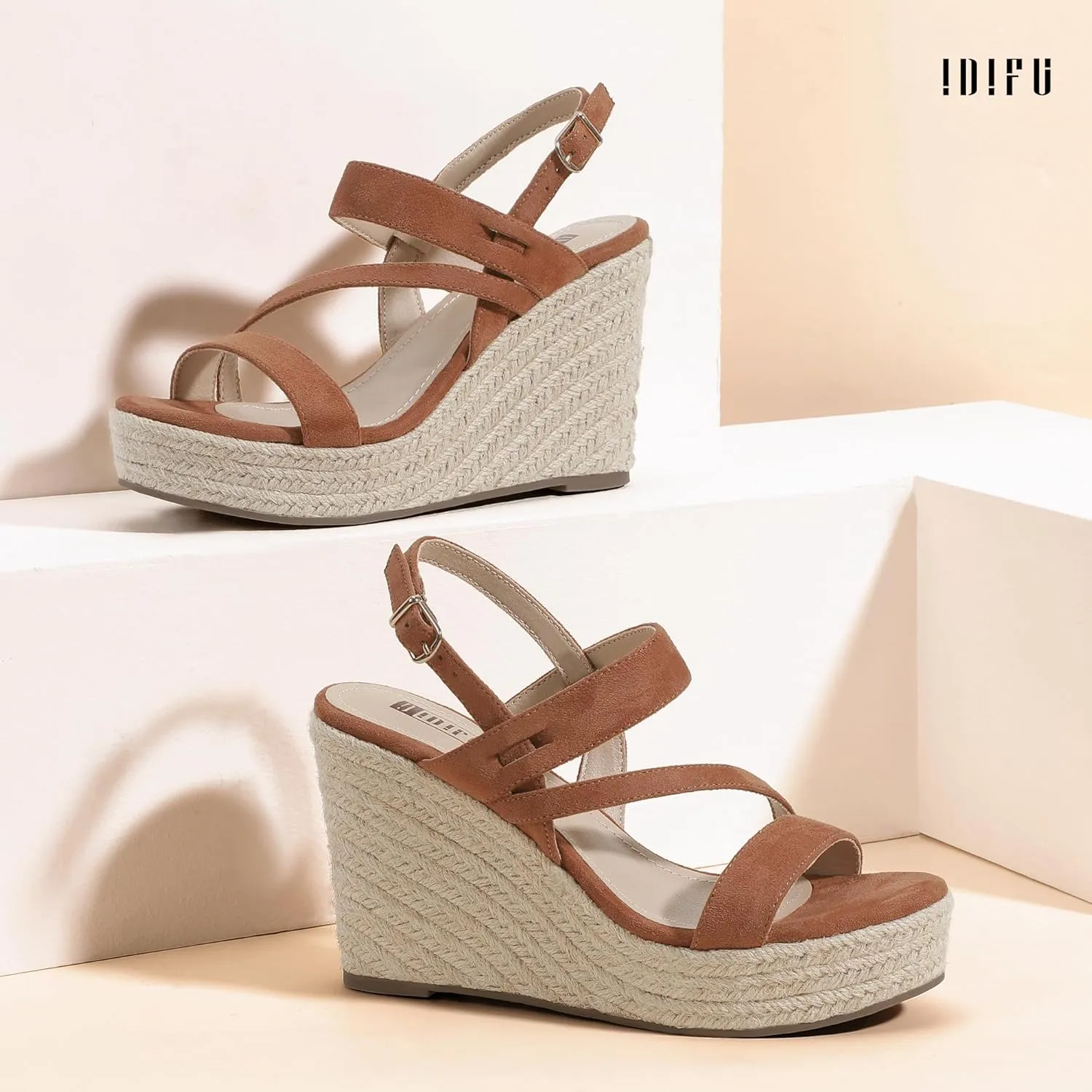 IDIFU IN4 Espadrille Wedge Sandals for Women Platform Wedges Heels Wedding Bridal Ladies Open Toe Dressy Sandals Comfortable Summer Ankle Strap Strappy High Heel Wedges
