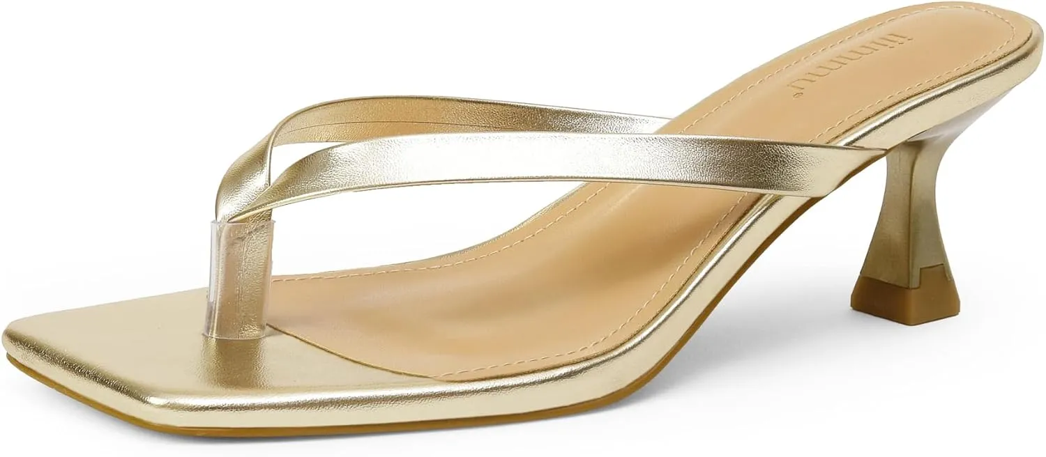 iiimmu Kitten Heels Flip Flops Heeled Thong Sandals for Women Square Open Toe with 2 Inch Low Heel
